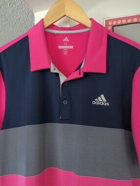 🌴 Adidas GOLF 🌴 Polo Shirt Mens Size Medium Pink Blue Stripes Short Sleeve EUC